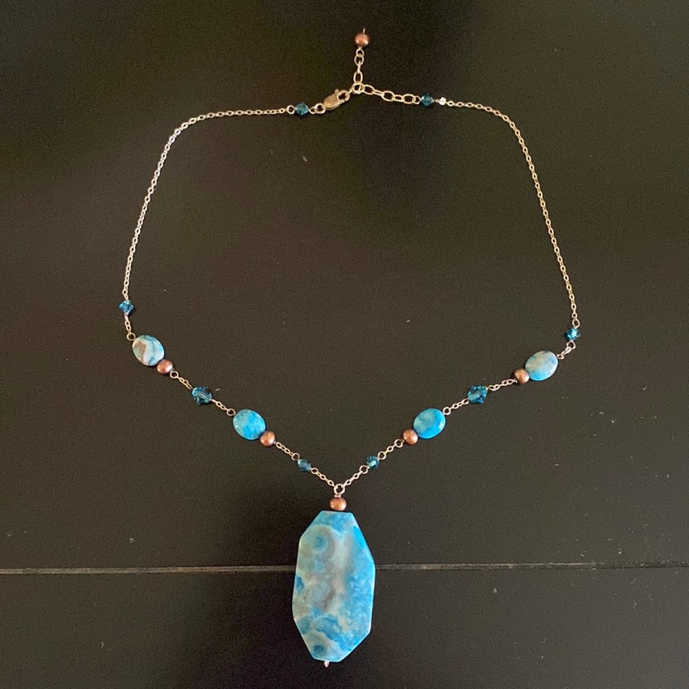 Sterling silver turquoise necklace with freshwater pearls 16” plus 1” extender